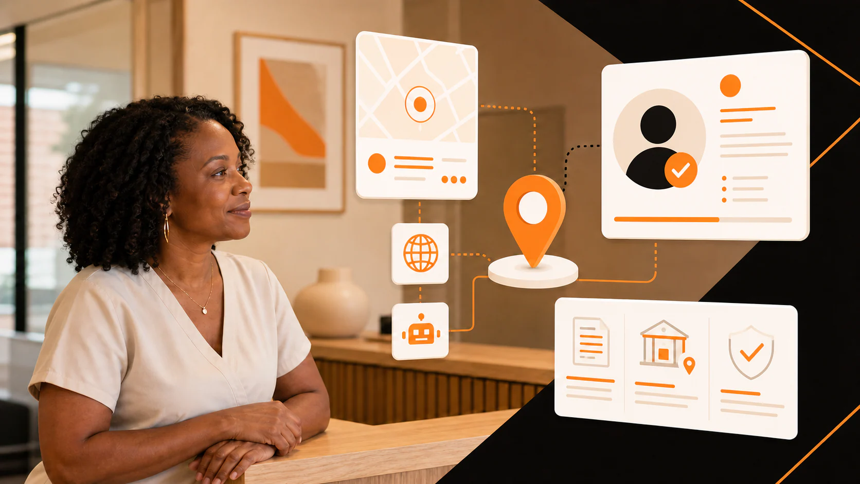 Clinic owner reviewing access, provider, location, and source graphics for AI search visibility