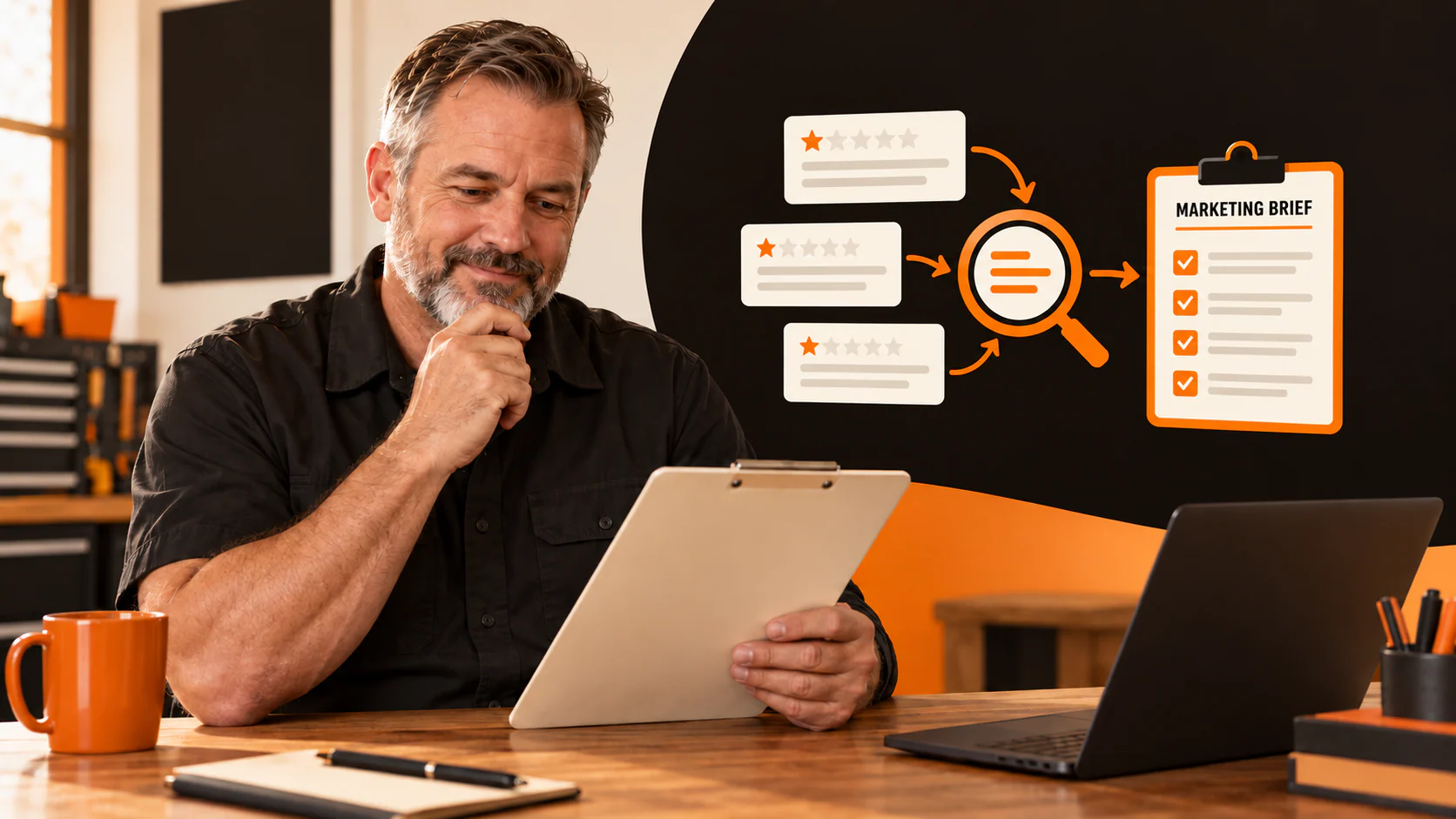 Local service business owner reviewing a clipboard beside anonymous one-star review graphics that lead to a marketing brief