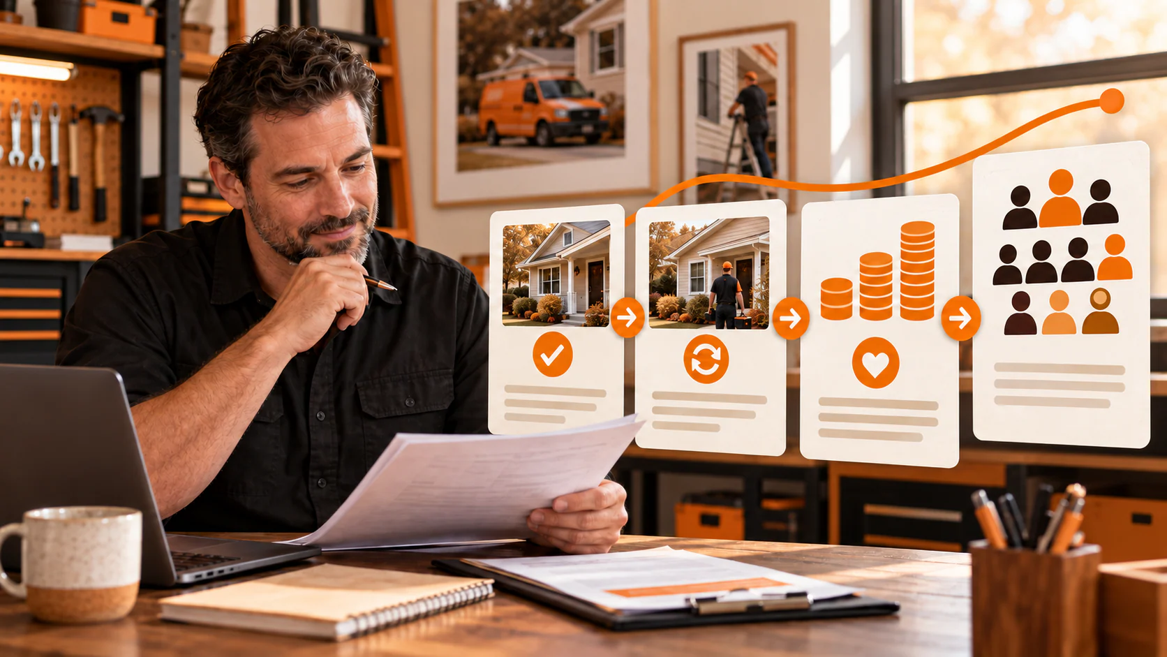 Local service business owner reviewing jobs, repeat service, margin, and customer cohorts