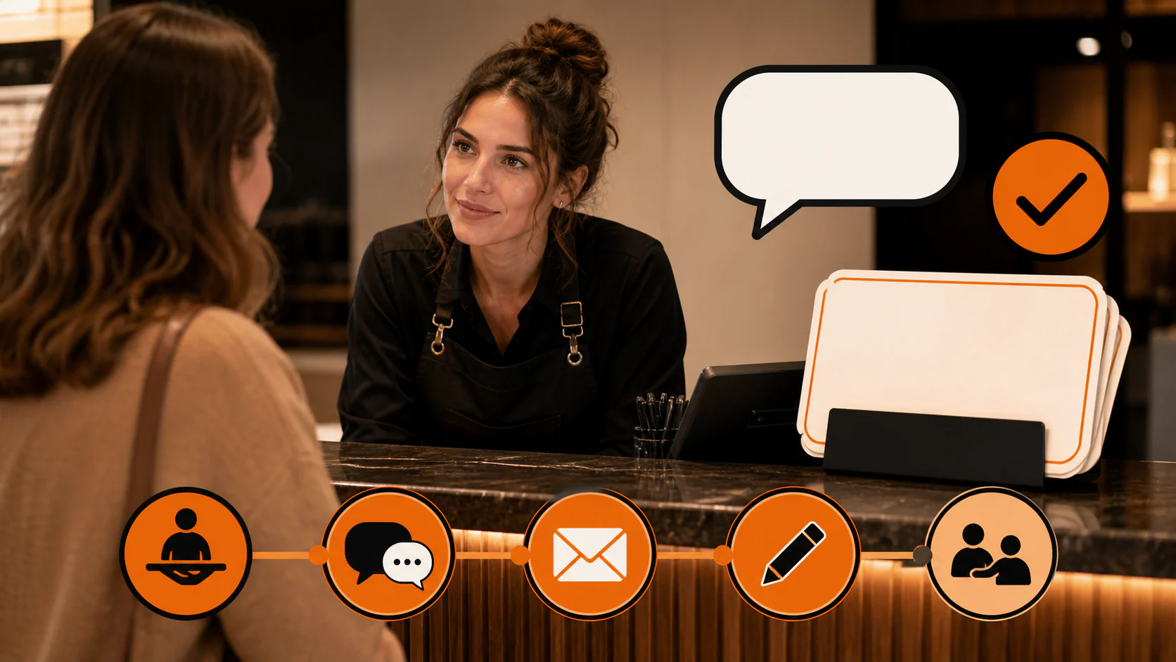 Local business employee listening to a customer while service, feedback, response, and coaching graphics show the review process