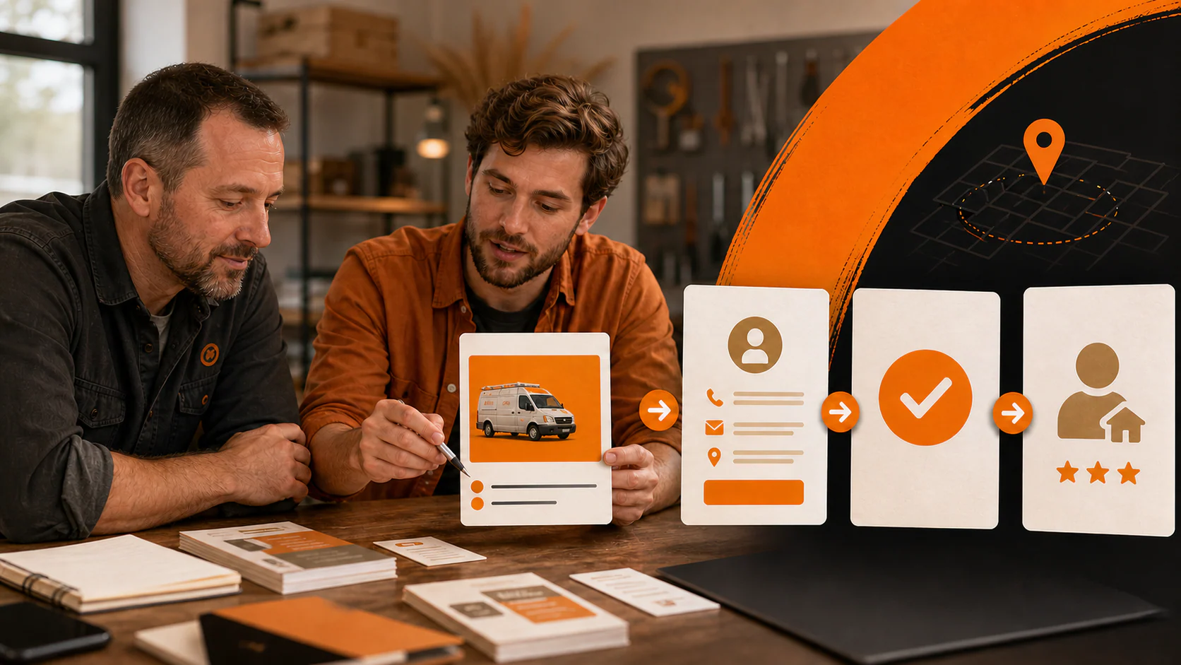 Local service business owner and marketer reviewing a Facebook ad path from campaign to qualified lead
