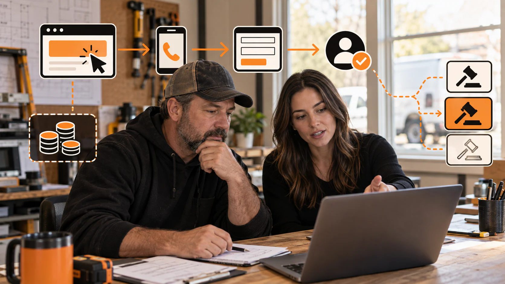 Local service business owner and PPC strategist reviewing automated bidding, lead signals, budget, and auction choices