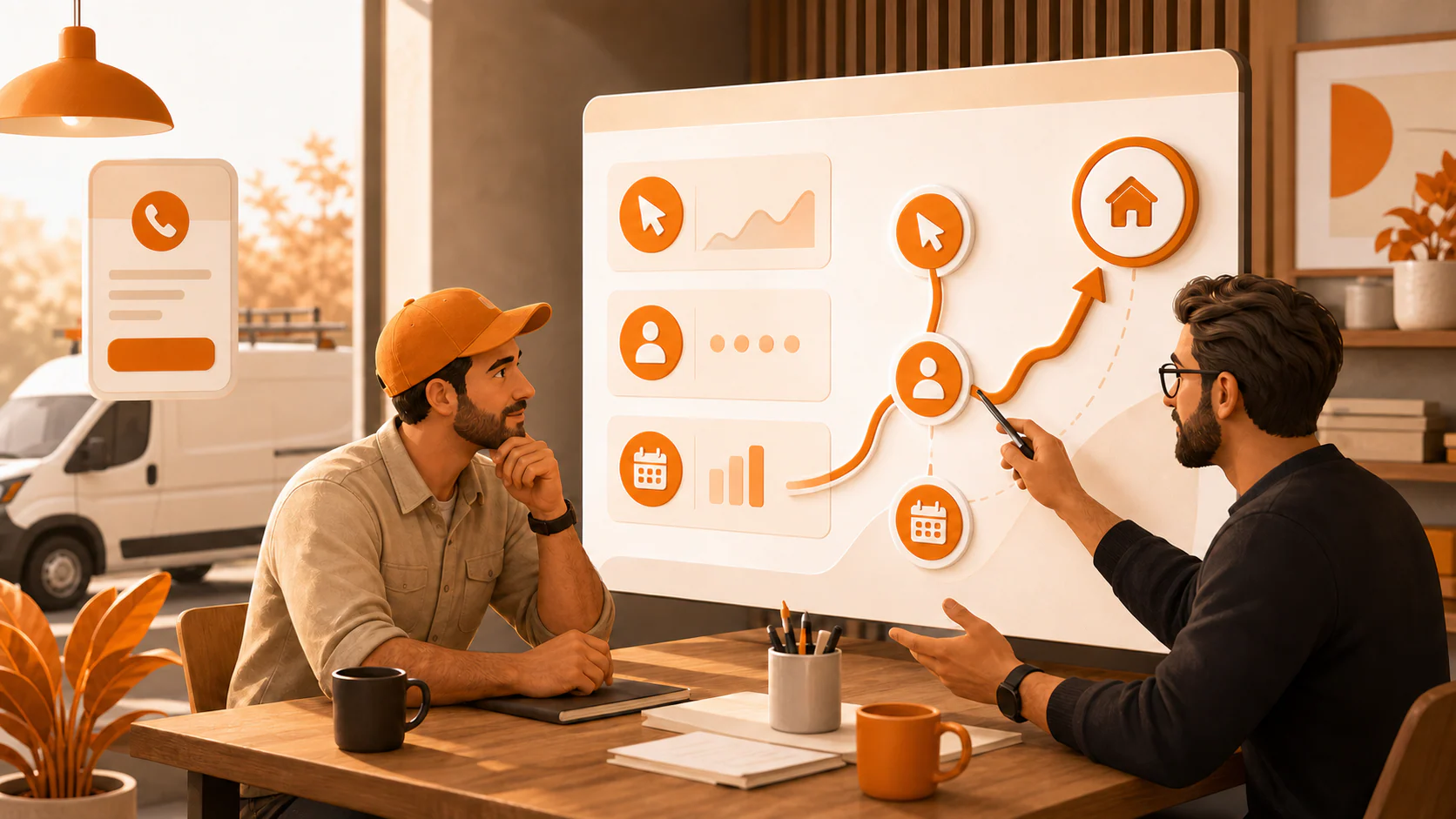 Business owner and PPC strategist reviewing automated bidding from clicks to qualified leads and booked jobs