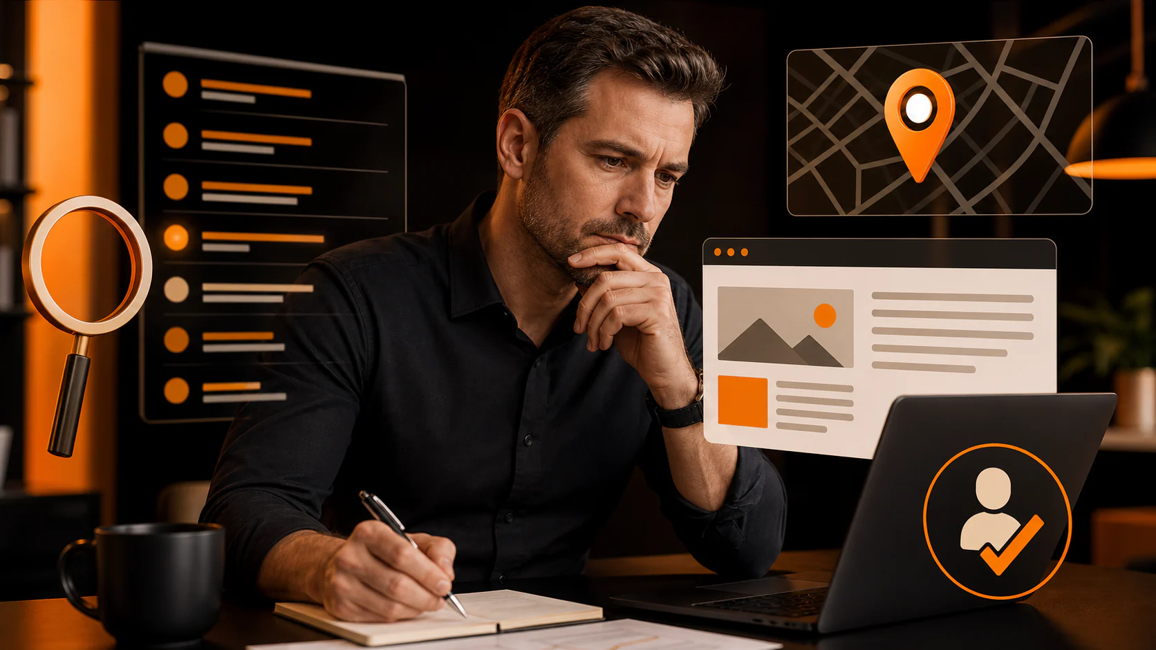 Local business owner reviewing paid search evidence alongside local SEO and human-validation graphics