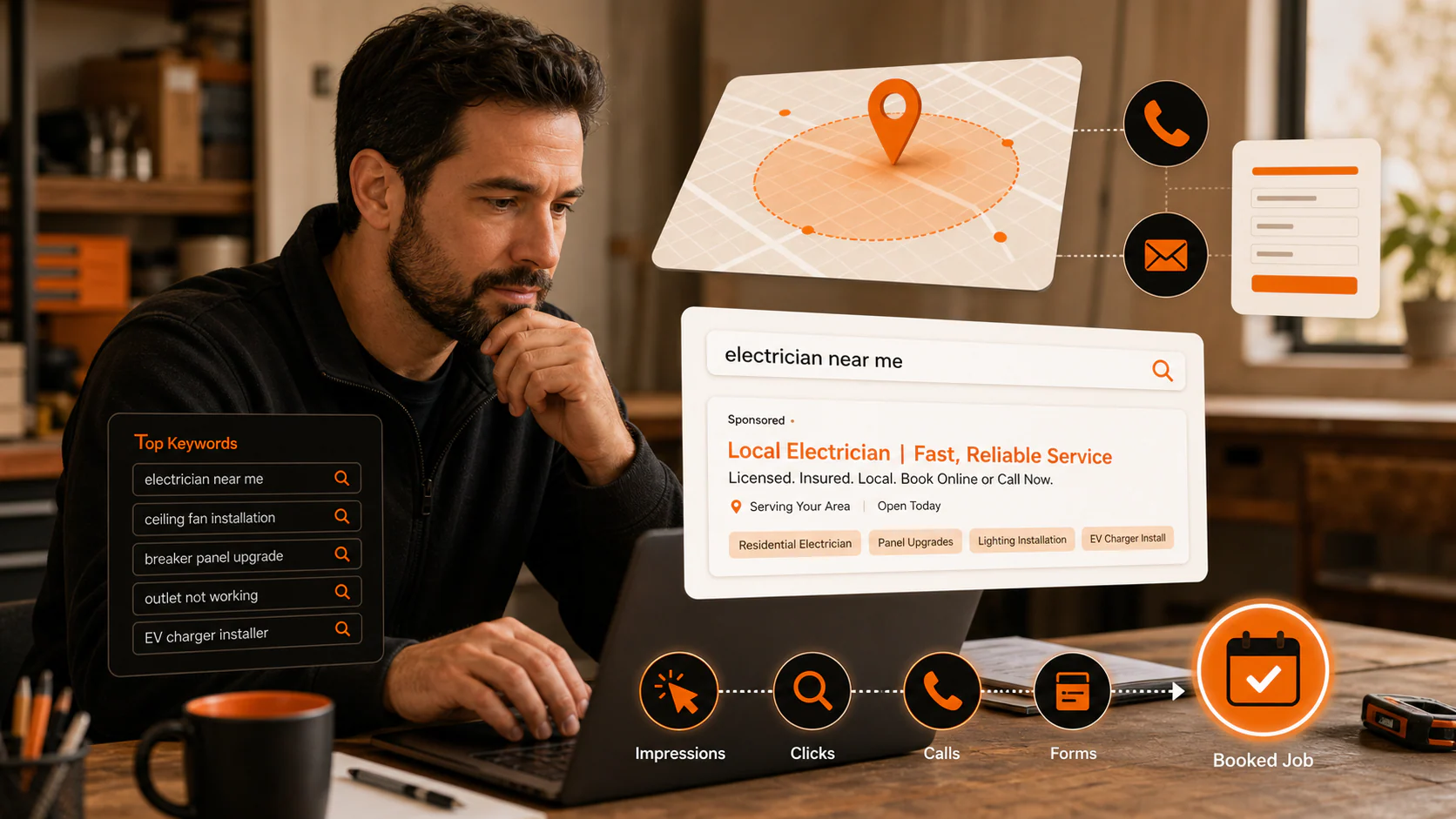 Local service business owner reviewing a Google Ads campaign with location, keyword, call, form, and booked-job graphics