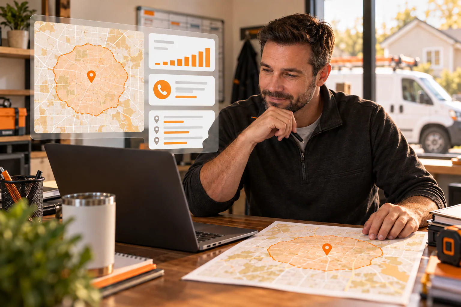 Home-services business owner reviewing an orange local service-area map and Google Ads lead dashboard