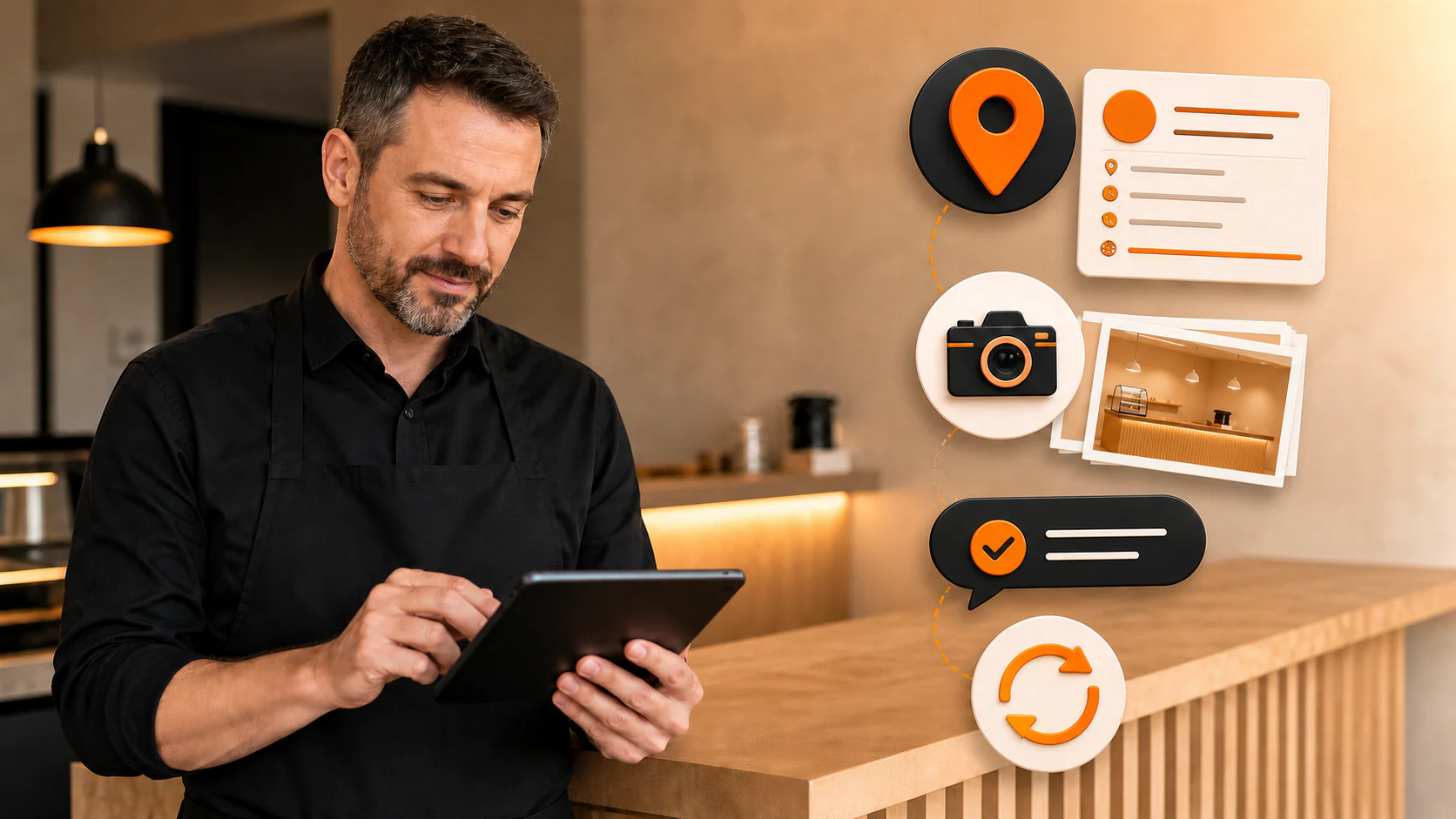 Business owner reviewing profile details, local visibility, photos, customer feedback, and maintenance