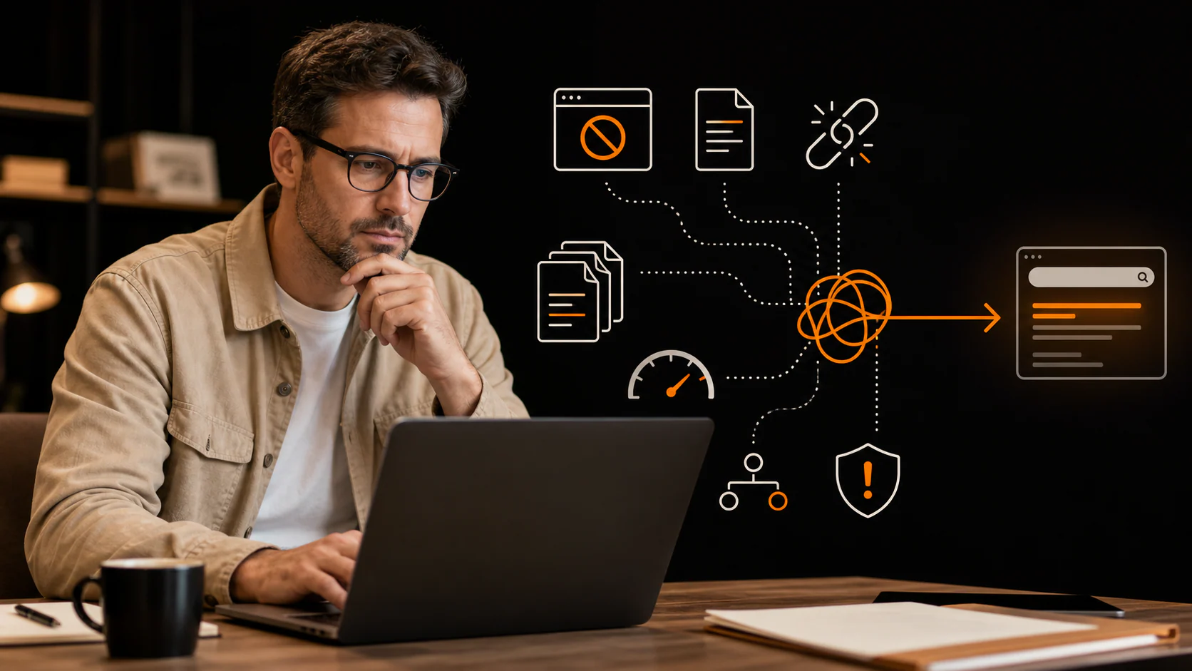 Business owner reviewing blocked pages, thin content, broken links, duplicate URLs, page speed, and policy issues