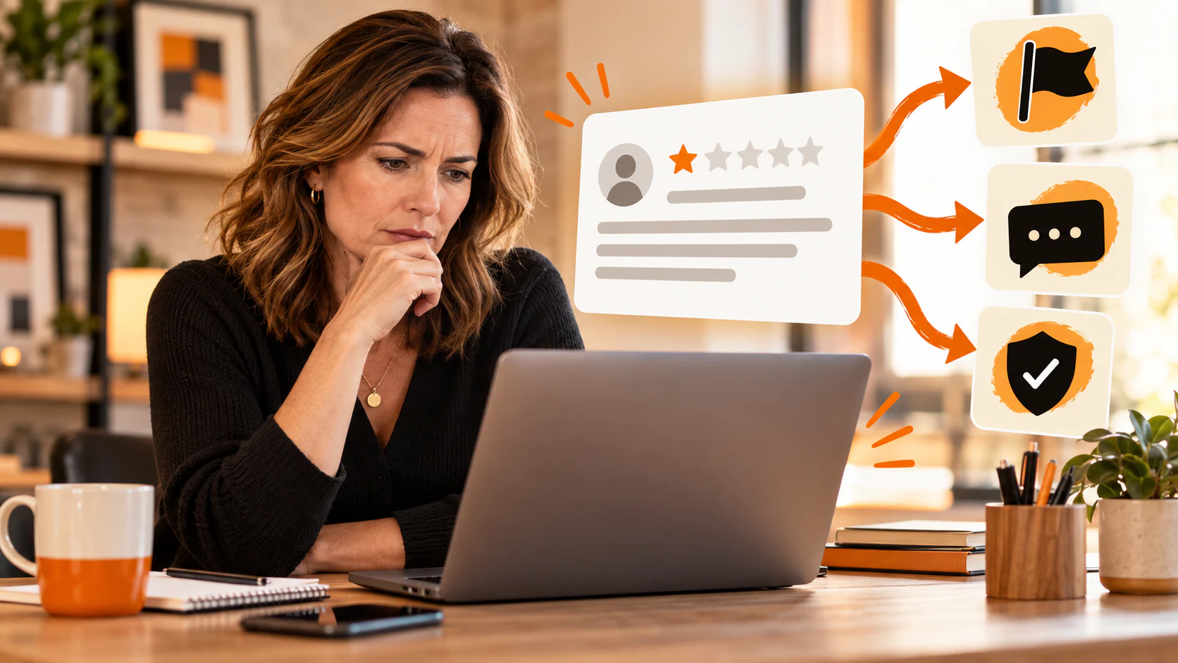 Local business owner reviewing a one-star rating beside report, response, and policy decision graphics