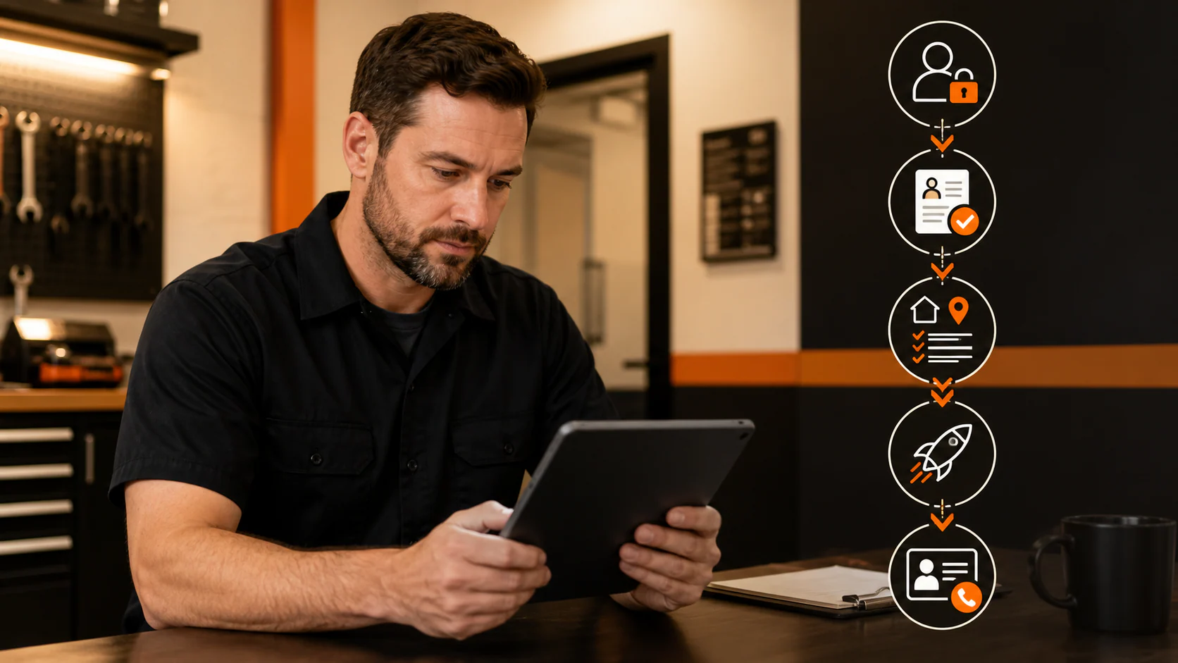 Service business operator reviewing account access, verification, service area, launch, and lead response