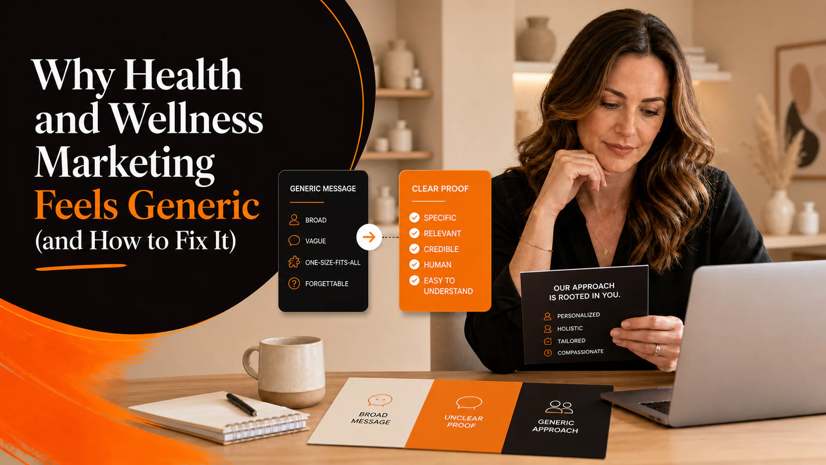 Health and wellness practice owner comparing a generic marketing message with clear proof