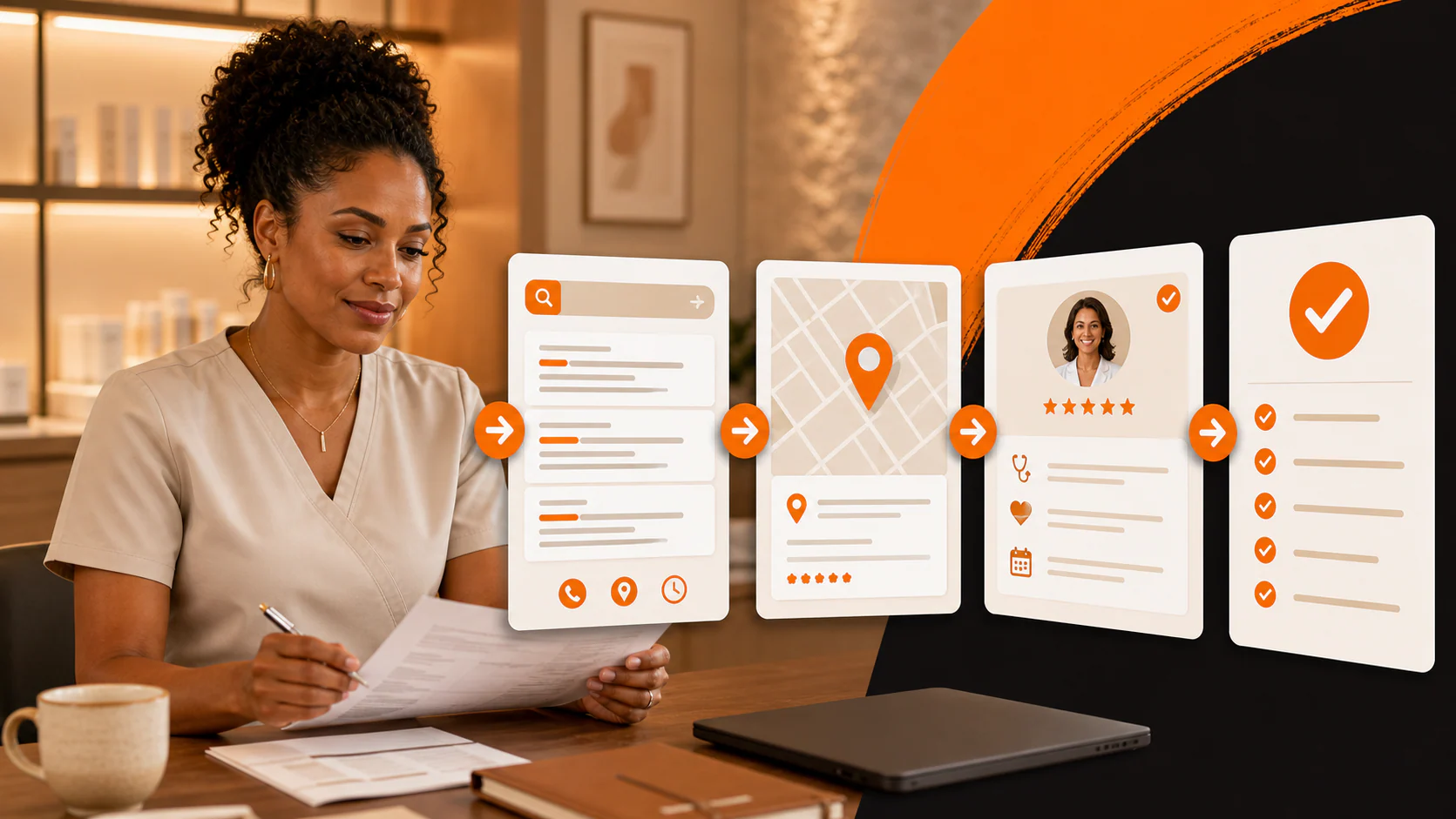 Healthcare business owner reviewing an AI search readiness roadmap for public practice information