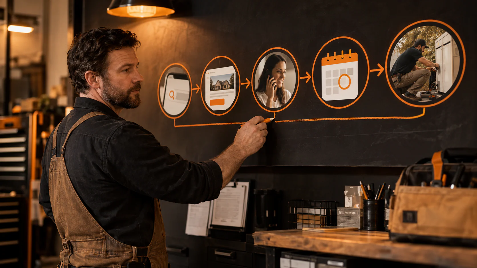 Local service business owner mapping a customer journey from search and service page to appointment and completed work
