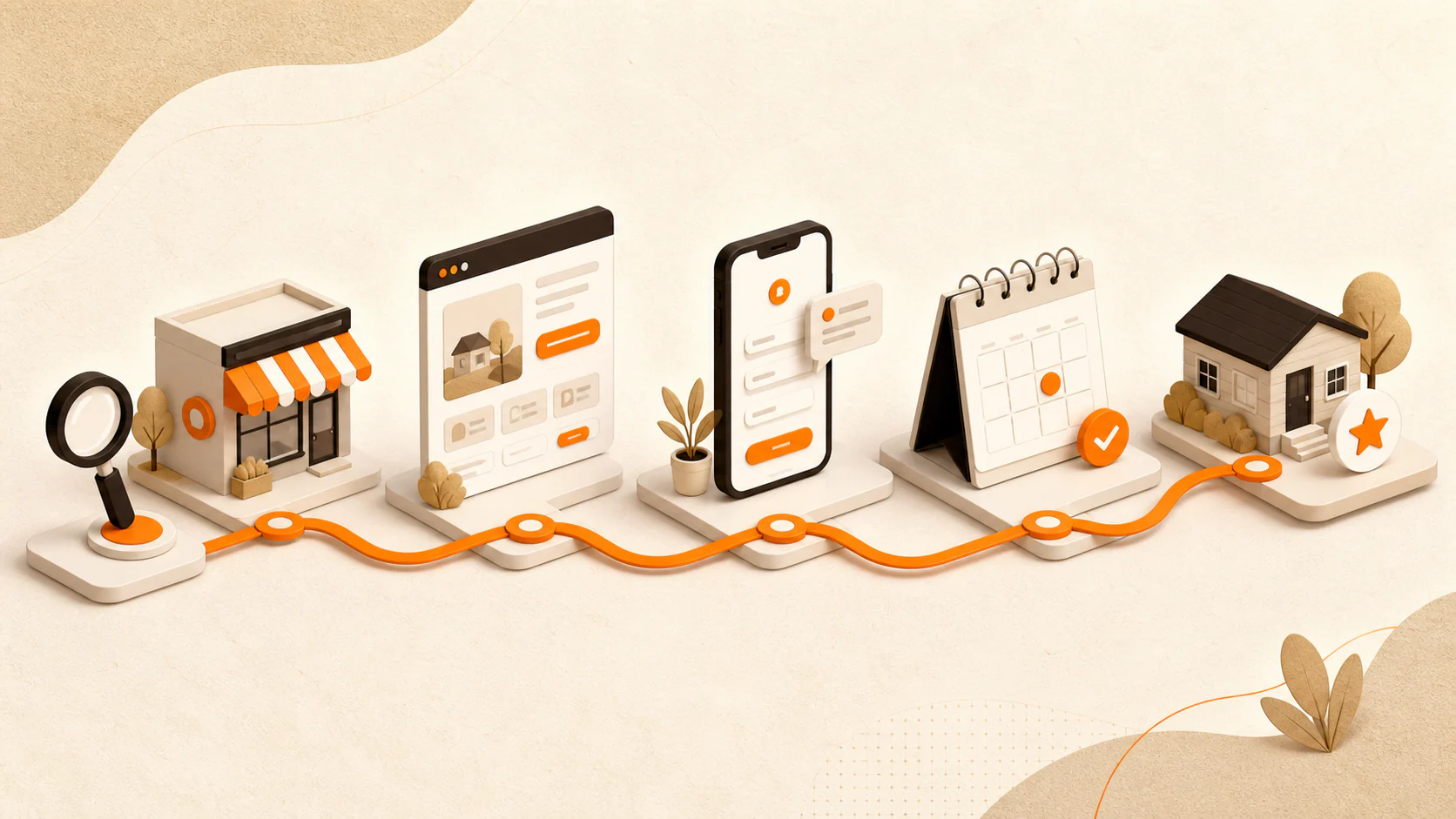 Connected local-service customer journey from discovery through a service page, inquiry, appointment, and completed service
