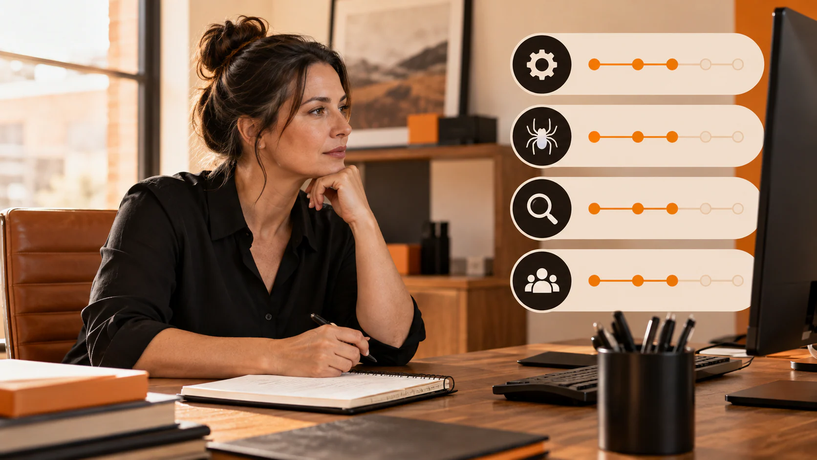 Local business owner reviewing four stages of SEO progress from implementation through qualified outcomes