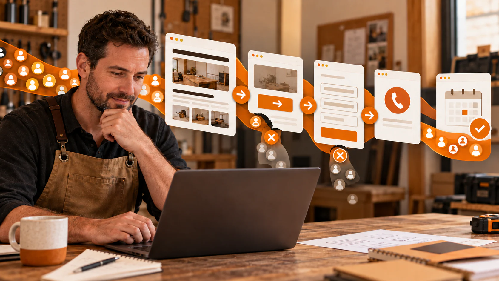 Local business owner reviewing a website conversion path with traffic leaks, a phone action, and a booking outcome