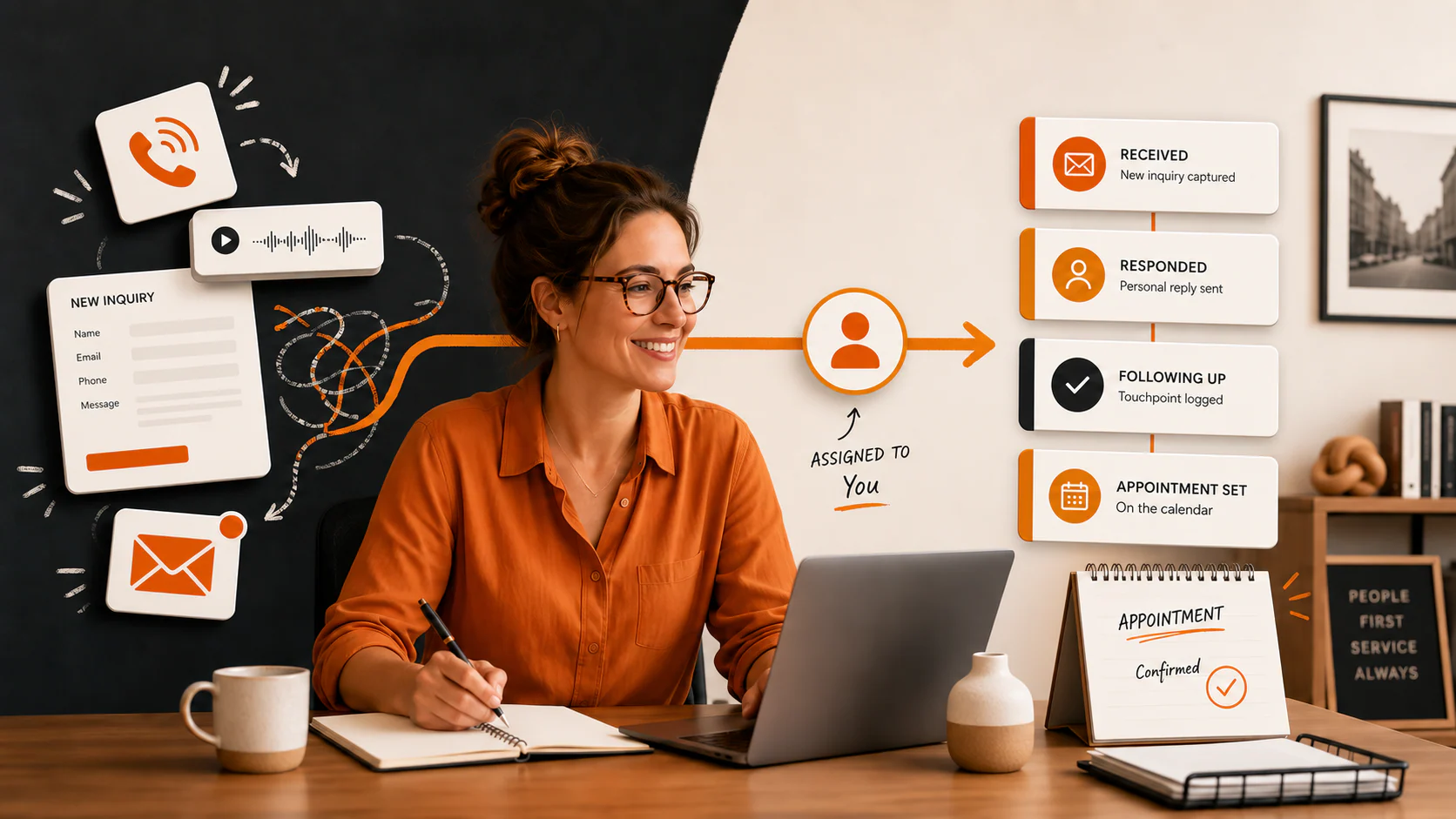 Local business owner organizing calls, forms, and email inquiries into an assigned follow-up path