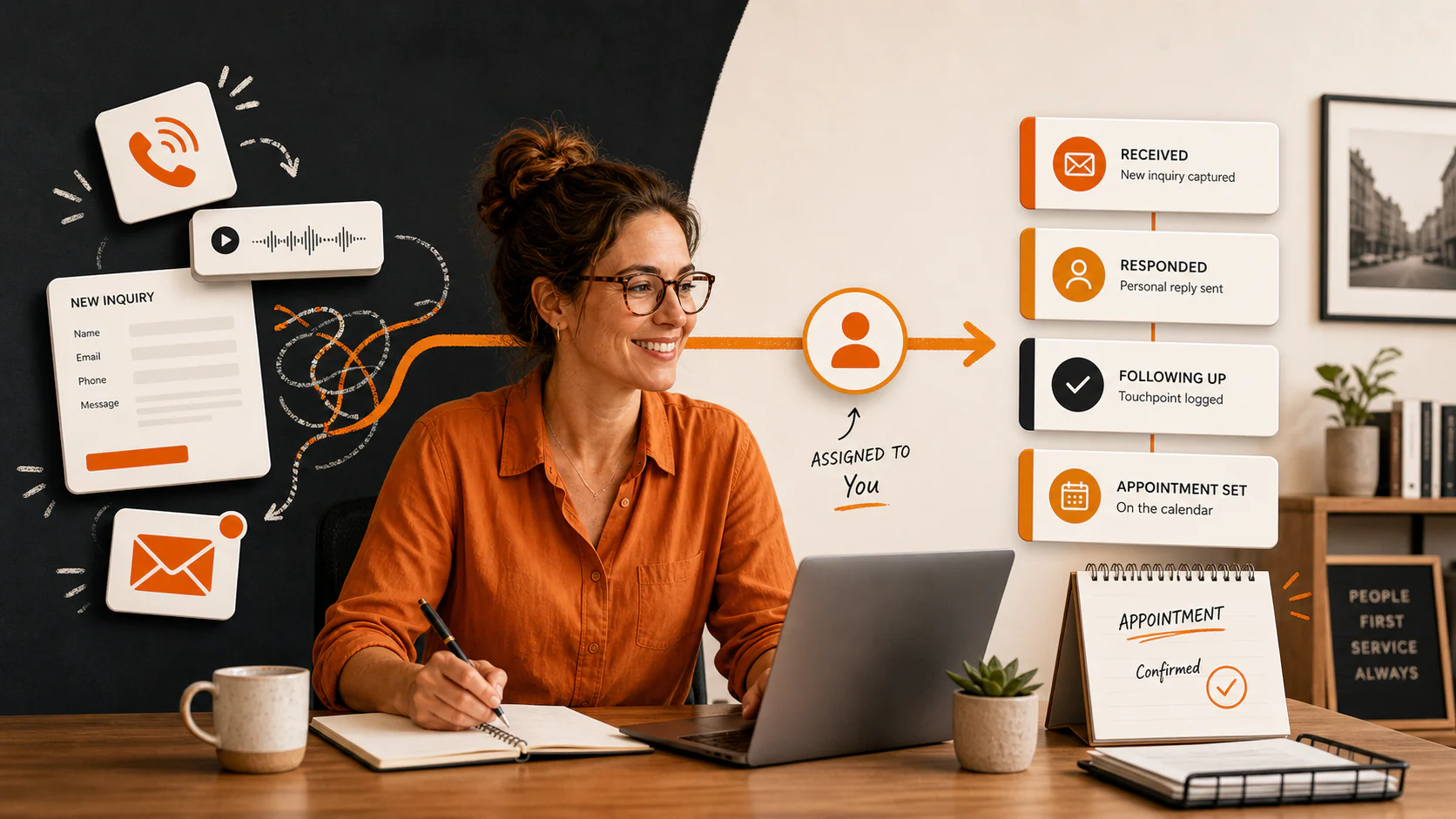 Local business owner organizing calls, forms, and email inquiries into an assigned follow-up path