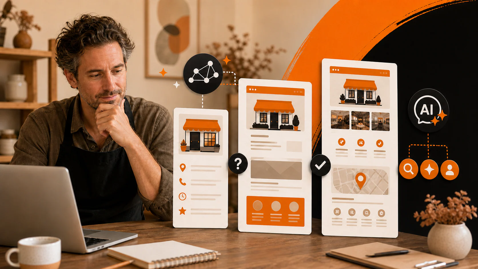 Local business owner comparing a simple website, a fuller site, and AI search visibility