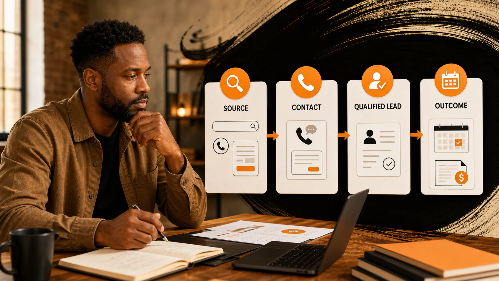 Local business owner reviewing marketing sources, qualified leads, and booked outcomes