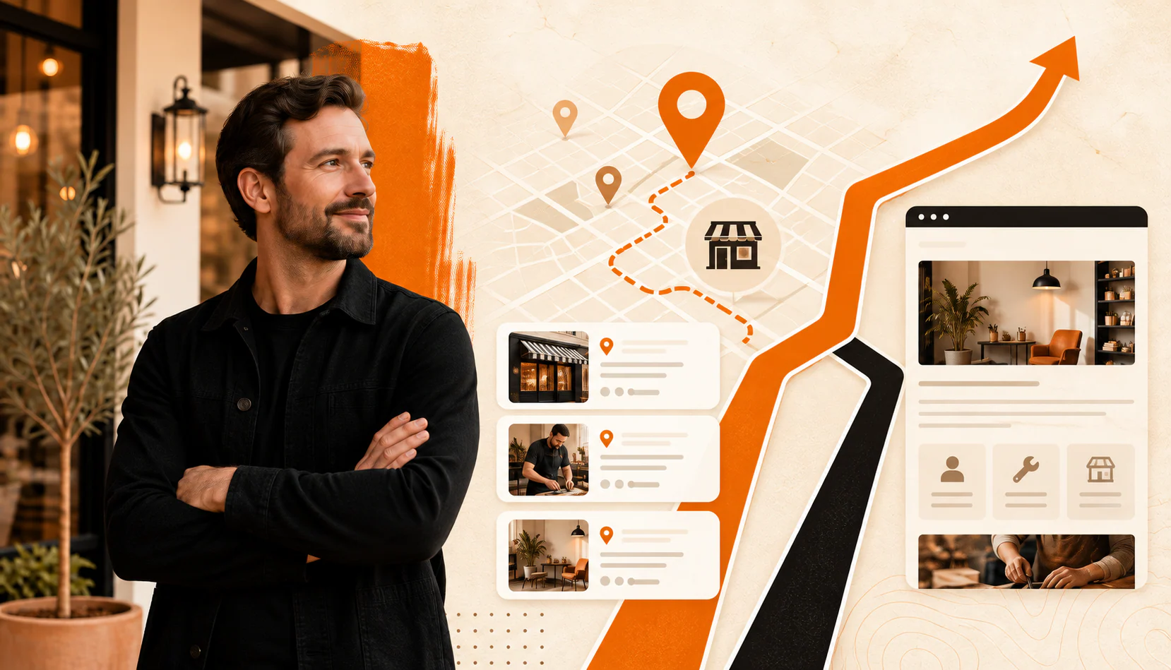 Local business owner with map pins, nearby search results, and local visibility graphics