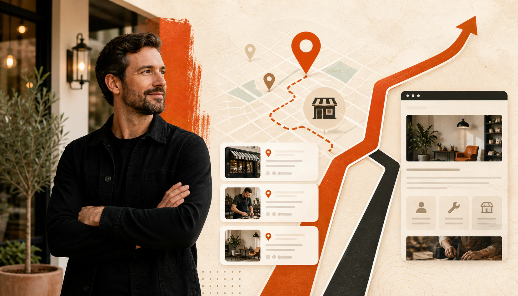 Local business owner beside map-based local results and an organic service page