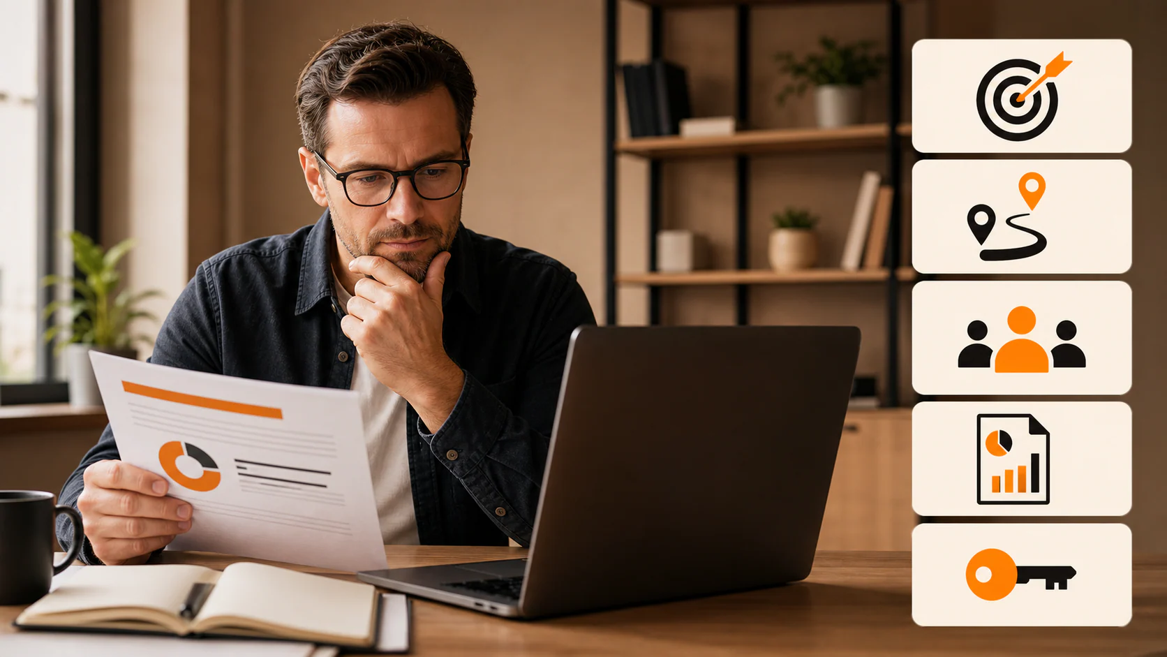 Small-business owner reviewing an SEO agency proposal beside graphics for goals, planning, people, proof, and account ownership