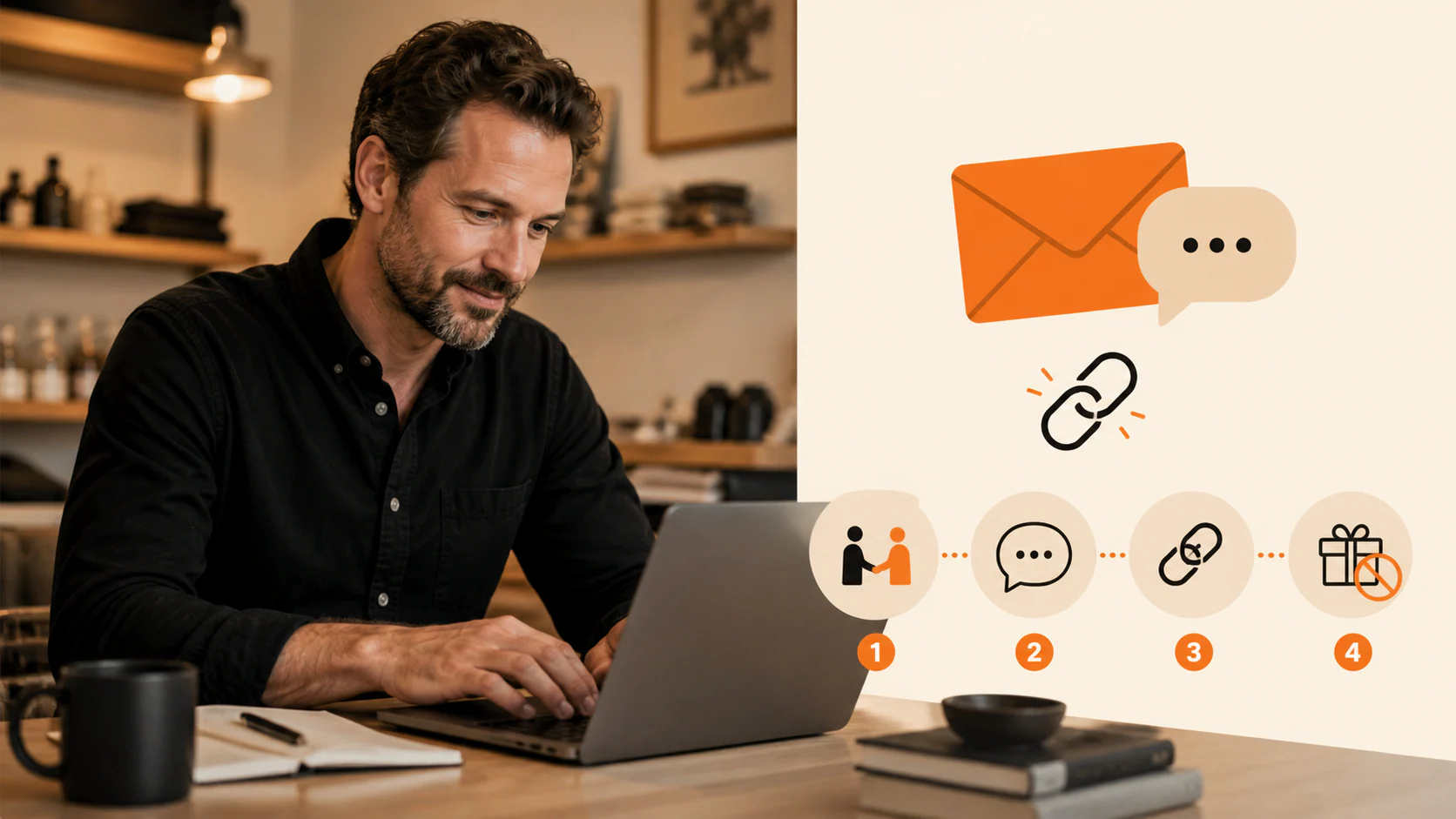 Local business owner writing a review request email while a four-step neutral request workflow appears beside him