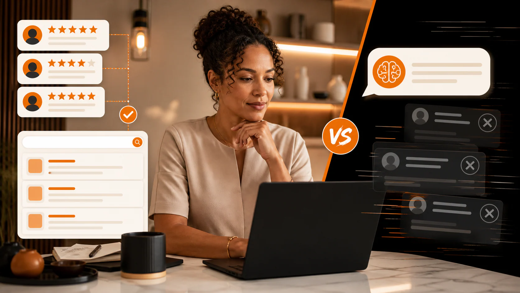 Healthcare business owner comparing public reviews with AI search visibility signals