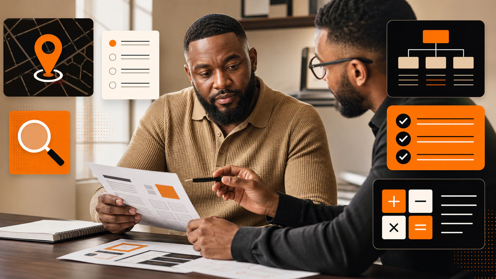 Local business owner and SEO strategist reviewing a proposal and budget worksheet