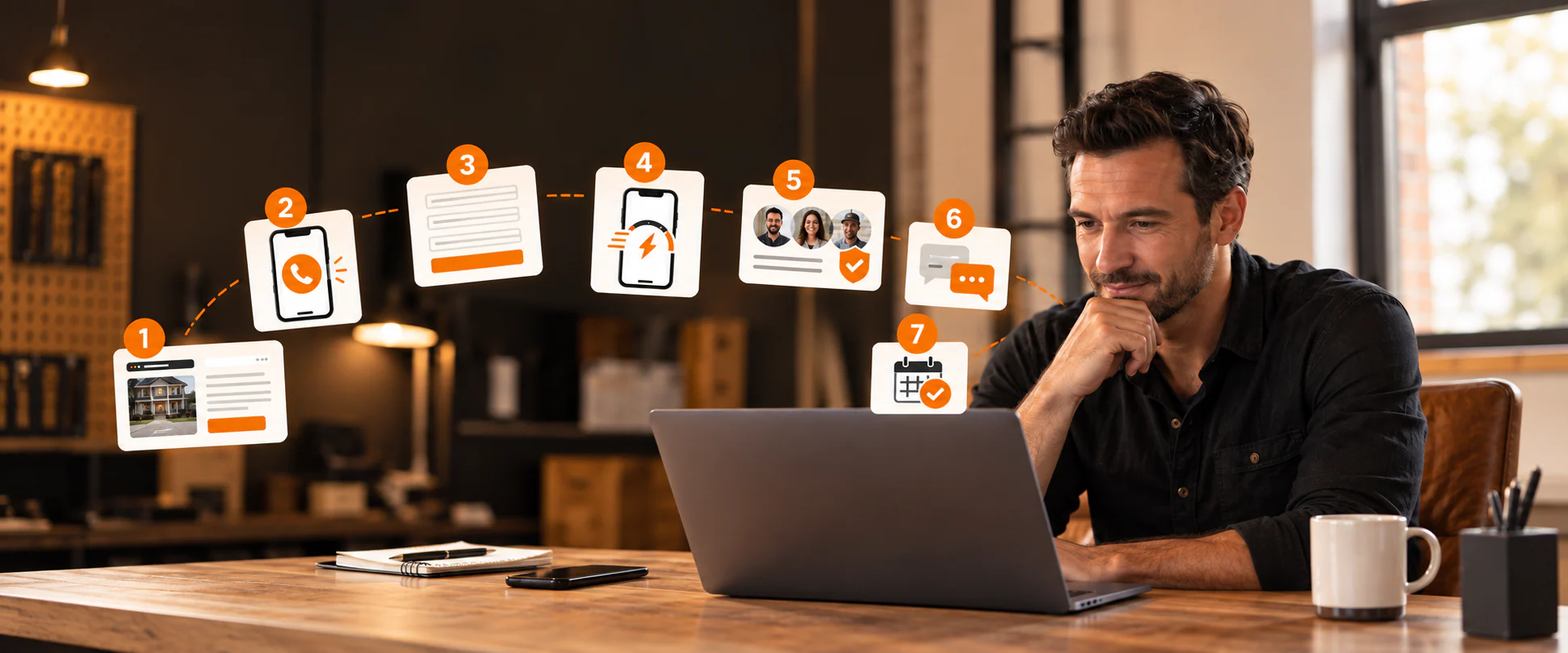 Local business owner reviewing seven website conversion checkpoints on a laptop