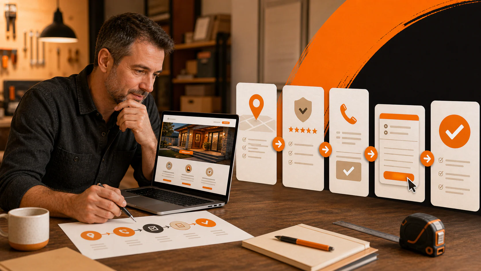 Local service business owner reviewing a website path from service page to qualified inquiry