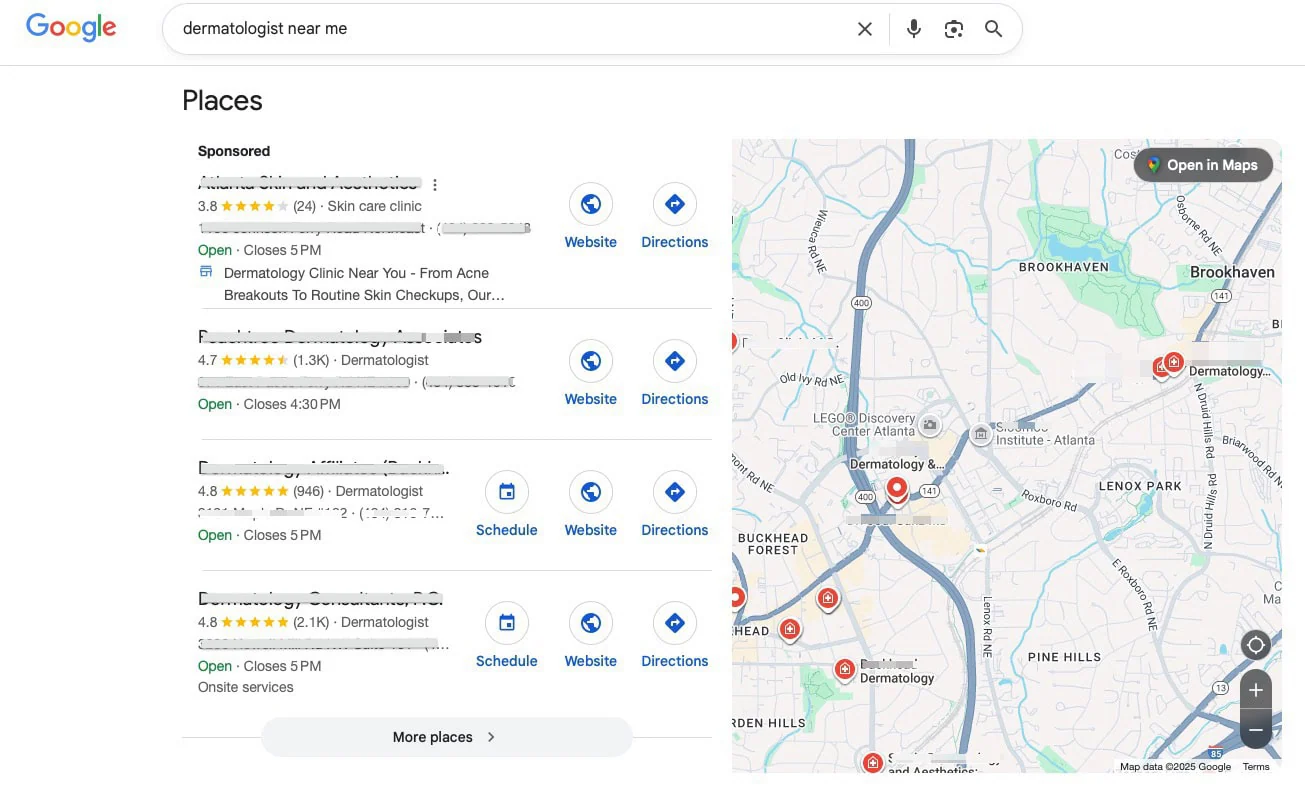 Google local search results and map listings for an Atlanta near-me search