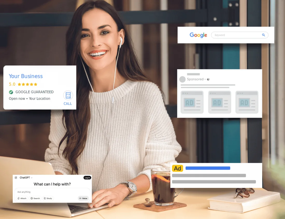Illustration showing a local business appearing across Google, Maps, and AI search platforms