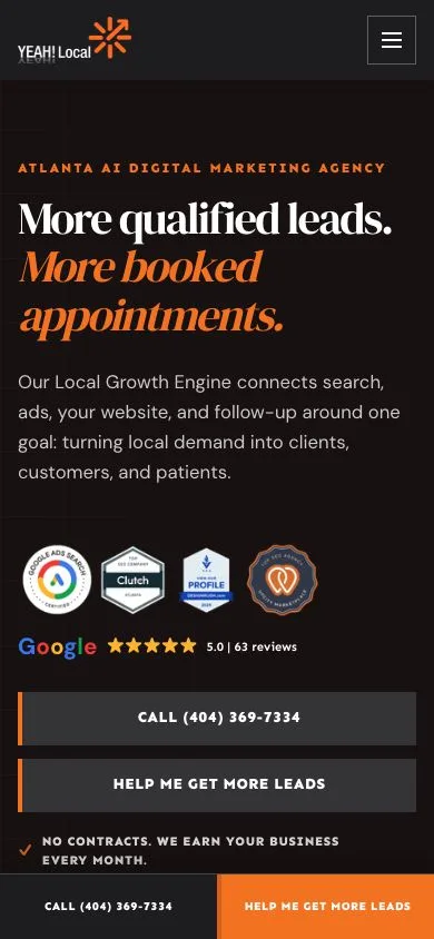 The same YEAH! Local homepage adapted for a phone with clear call and inquiry buttons