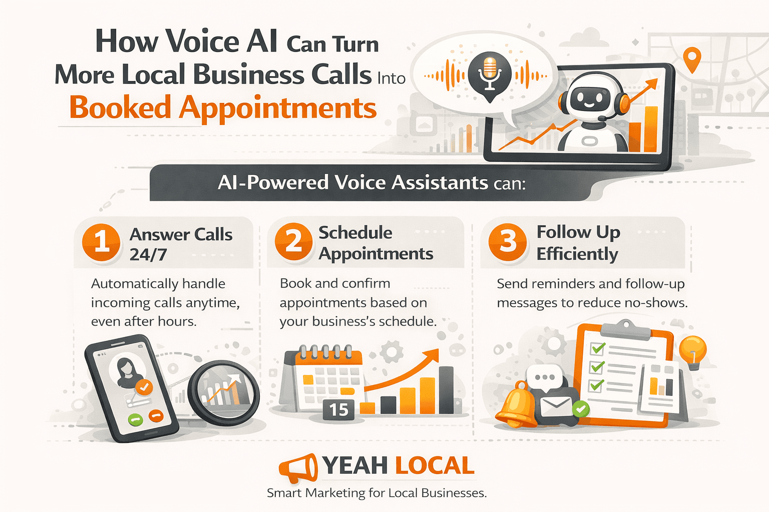 Illustration of AI voice assistant managing local business calls and appointments.